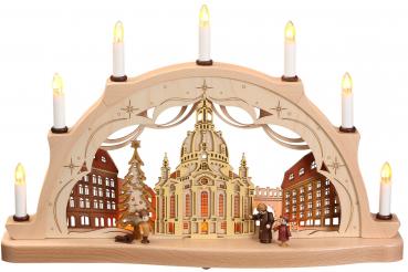 Schwibbogen mit Beleuchtung Dresdner Frauenkirche 3D-Optik, Erzgebirge, Weihnachten 7 Kerzen