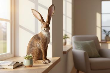 Preview: Hase sitzend 25x63cm klassisches Design aus Kunststein mit matter, strukturierter Oberfläche, handbemalt