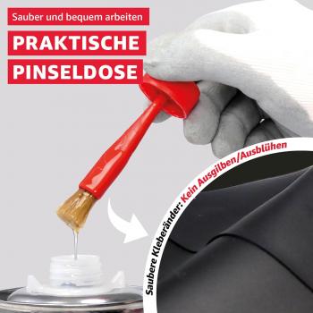 Sauber und bequem arbeiten dank praktischer Pinseldose. Saubere Kleberänder: Kein Ausgilben / Ausblühen.