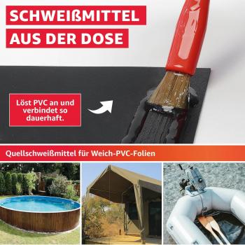 Als Schweißmittel aus der Dose zu verwenden. Löst PVC an und verbindet so dauerhaft. Mit Pinsel auftragen zum Beispiel für Poolfolien, Schlauchboote oder Zeltplanen.