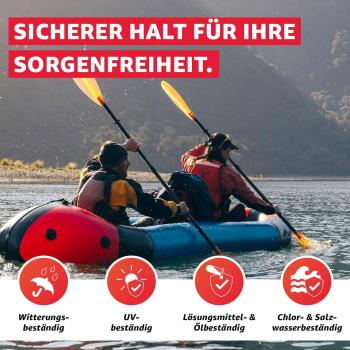 Sicherer halt für Ihre Sorgenfreiheit: witterungsbeständig, UV-beständig, Lösungsmittel- & Ölbeständig, Chlor- & Salzwasserbeständig.