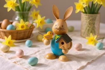 Preview: Stupsi Hase mit Vogelhaus – Liebevolle Osterdekoration aus dem Erzgebirge
