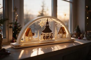 Preview: LED-Schwibbogen Seiffener Kirche und Kurrende mit Sockel – 55 cm 550-02-LED