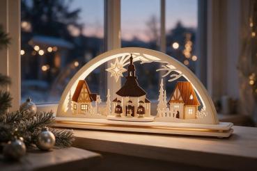 Preview: LED-Schwibbogen Seiffener Kirche und Kurrende mit Sockel – 55 cm 550-02-LED