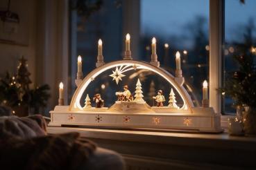 Preview: Seidel LED Schwibbogen „Bescherung“ mit beleuchtetem Sockel – 63 cm 640-15S-LED