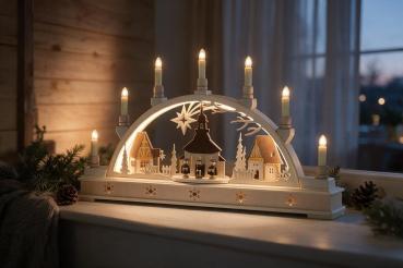 Preview: Seidel Schwibbogen „Seiffener Kirche mit Kurrende“ – 63 cm mit LED-Innenbeleuchtung – Neuheit 2026 640-17S-LED