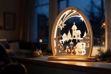 Preview: Seidelbogen „Winterdorf“ mit LED-Beleuchtung – 31 × 33 cm 816-G-LED