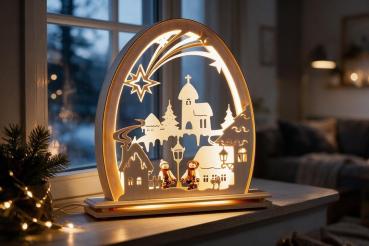 Preview: Seidelbogen „Winterdorf“ mit LED-Beleuchtung – 31 × 33 cm 816-G-LED