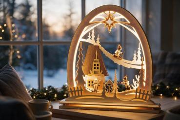 Preview: Seidelbogen „Winterkinder“ mit LED-Beleuchtung – 31 × 33 cm 8232-G-LED