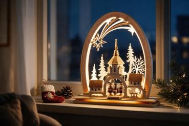 Preview: Seidelbogen „Seiffener Kirche“ mit LED-Beleuchtung – 31 × 33 cm 823-G-LED