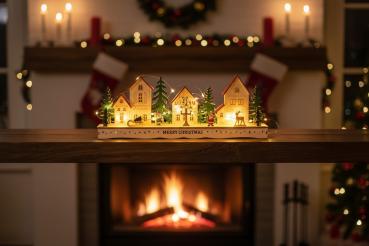 Preview: InLit Festliches Tannenwald-Dorf – Handbemalte beleuchtete Winterlandschaft aus Holz – 44 cm 2590072