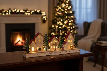 Preview: InLit Festliches Tannenwald-Dorf – Handbemalte beleuchtete Winterlandschaft aus Holz – 44 cm 2590072