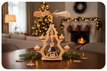 Preview: Pyramide Seiffener Kirche für 3 Teelichter, Erzgebirge, Weihnachten