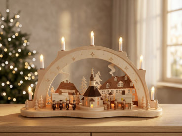 Schwibbogen „Seiffener Dorf“ mit Kirche, Häusern und Kurrende 1061