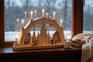Preview: Schwibbogen mit Beleuchtung Dresdner Frauenkirche 3D-Optik, Erzgebirge, Weihnachten 7 Kerzen