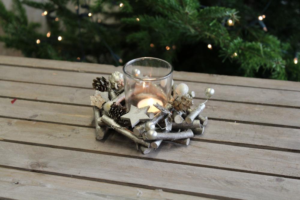 Windlichtglas mit Kranz rund, champagne 16,5 cm