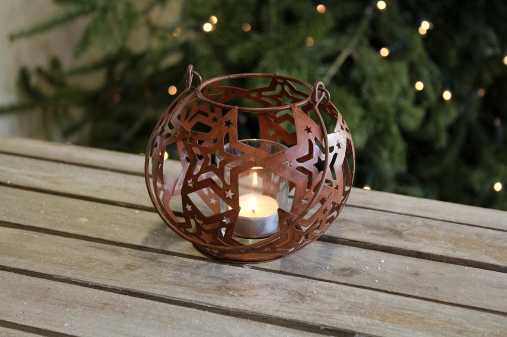 Metallkugel mit Windlichtglas 14,5 cm, rostfarben