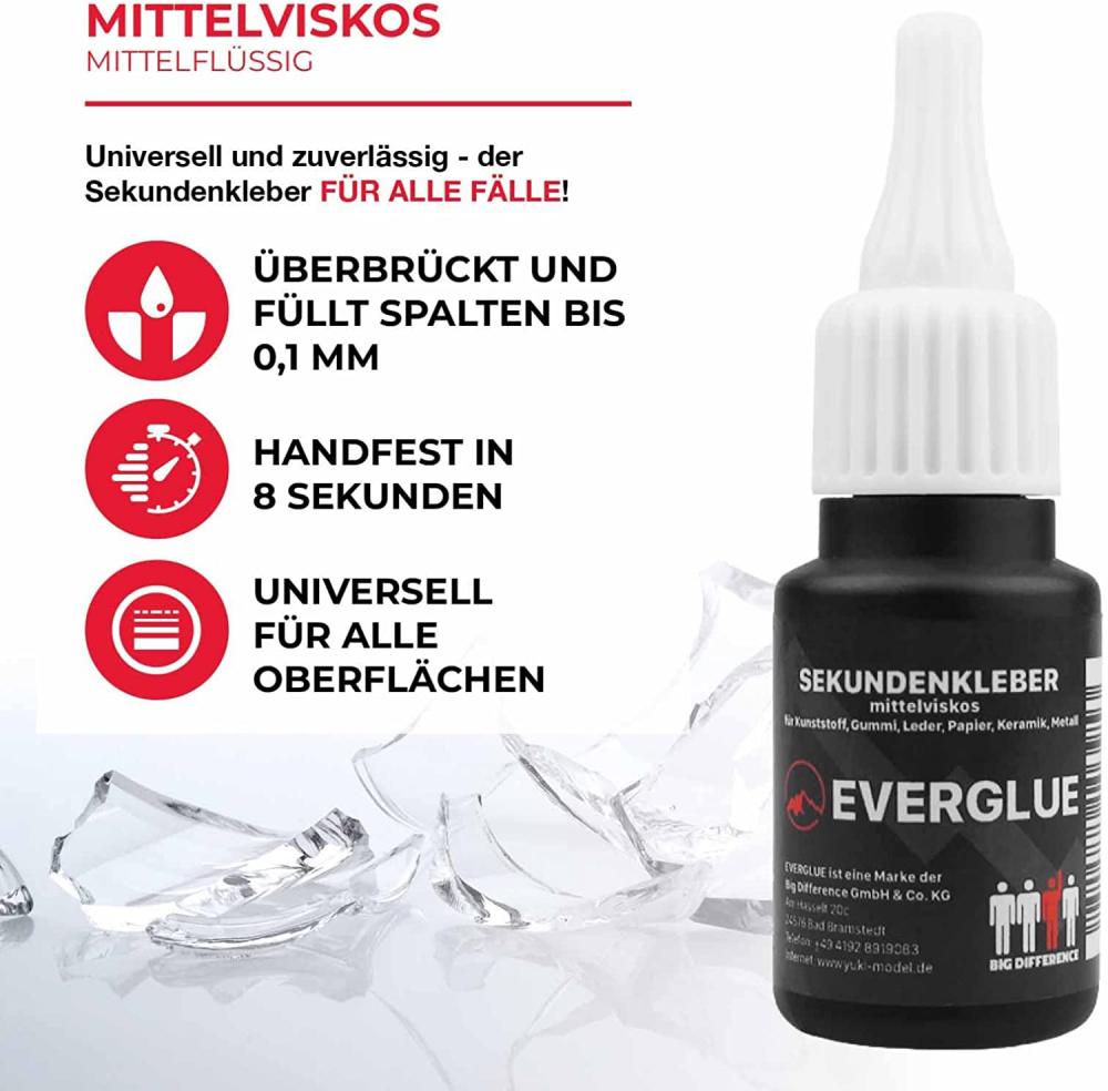 Everglue Sekundenkleber niedrigviskos + mittelviskos + hochviskos à 20g Dosierflasche + Aktivator Spray Aushärtungsbeschleuniger 200ml Aerosol