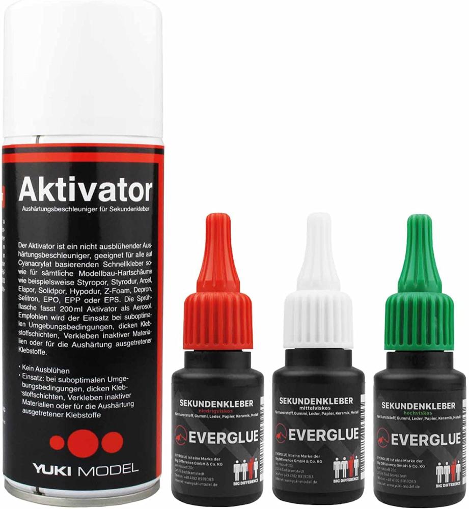 Everglue Sekundenkleber niedrigviskos + mittelviskos + hochviskos à 20g Dosierflasche + Aktivator Spray Aushärtungsbeschleuniger 200ml Aerosol