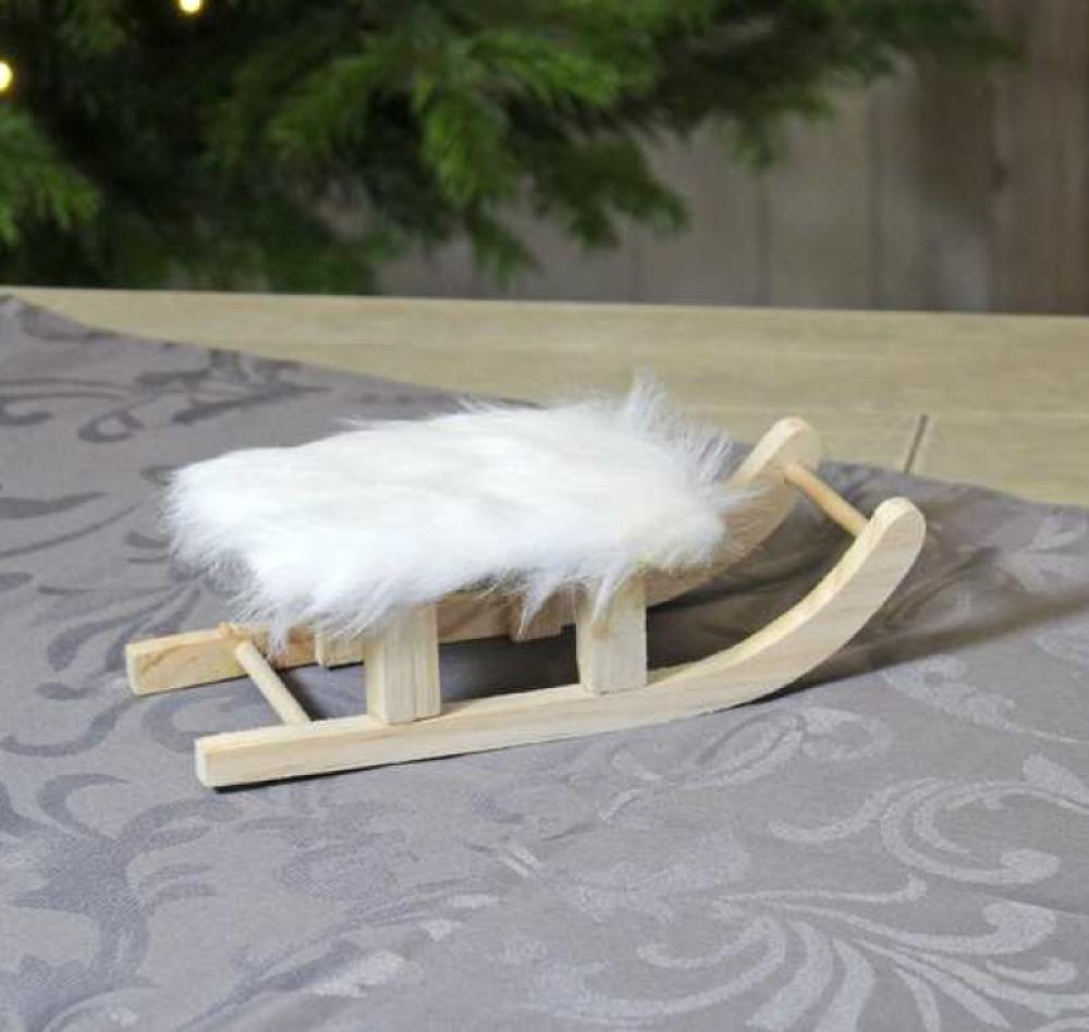 Holz-Schlitten mit Fell, weiß, 20 cm