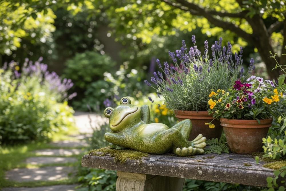 Frosch Figur liegend – 35–40 cm – aus Magnesia, handbemalt