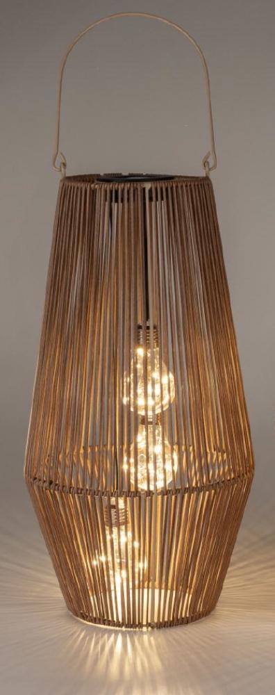 Laterne in Rattan-Optik 24x45cm mit 3 Solar-Birnen, aus Metall gefertigt und mit naturfarbenen Kunststoff-Bändern bespannt