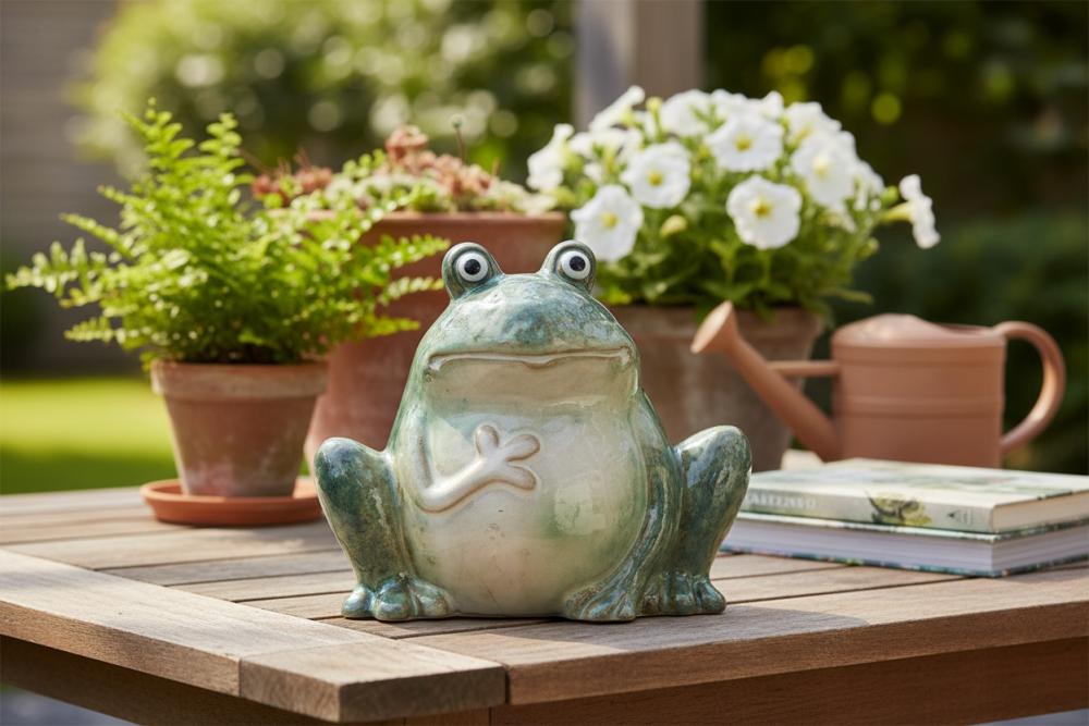 Frosch sitzend 16x14cm aus glänzendem Steinzeug mit mehrfarbiger Reaktionsglasur
