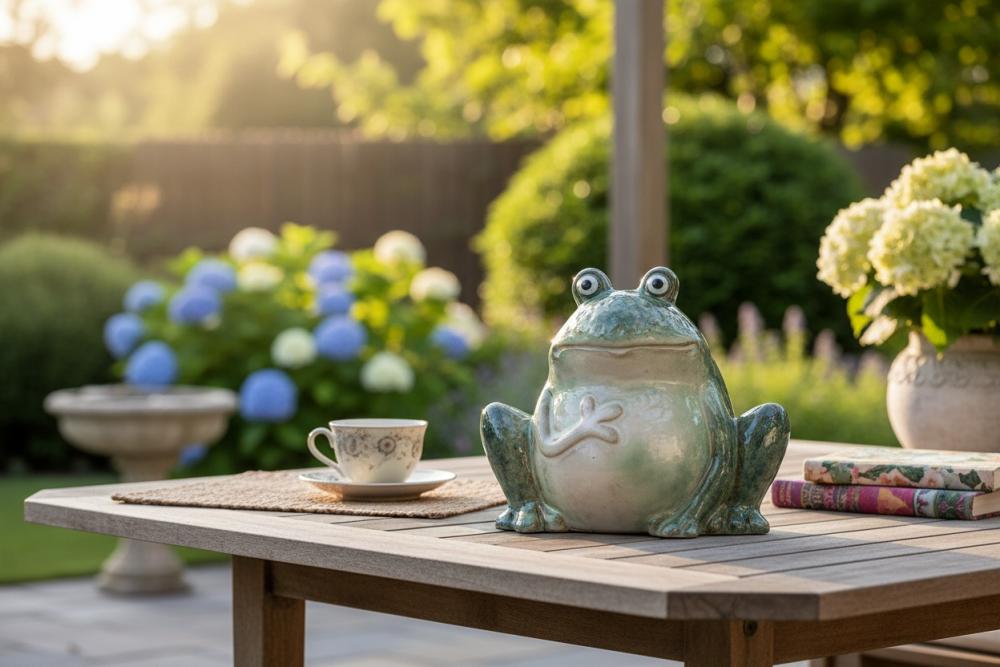 Frosch sitzend 16x14cm aus glänzendem Steinzeug mit mehrfarbiger Reaktionsglasur