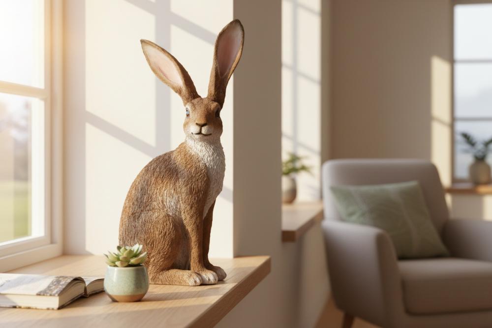 Hase sitzend 25x63cm klassisches Design aus Kunststein mit matter, strukturierter Oberfläche, handbemalt