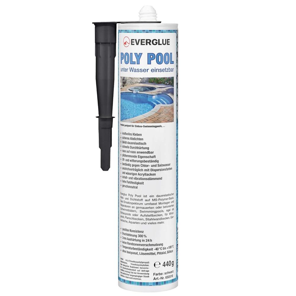 Everglue Poly Pool 1K MS-Polymer Montagekleber zum Kleben und Abdichten, unter Wasser einsetzbar. Farbe: Schwarz, 440g Kartusche