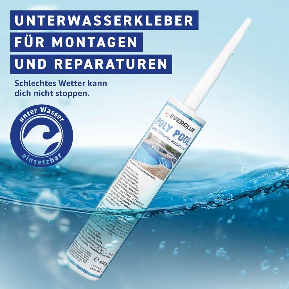 Everglue Poly Pool 1K MS-Polymer Montagekleber zum Kleben und Abdichten, unter Wasser einsetzbar. Farbe: Schwarz, 440g Kartusche