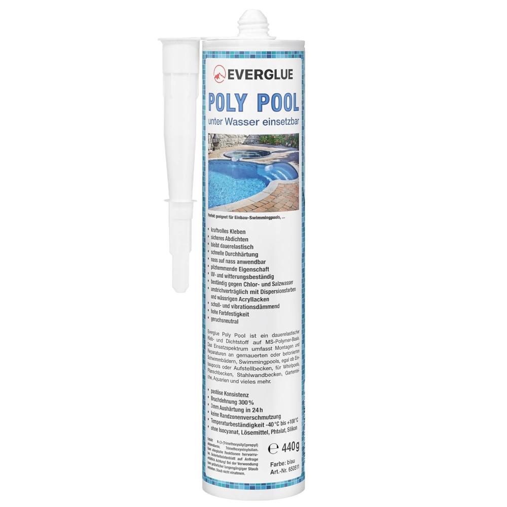 Everglue Poly Pool 1K MS-Polymer Montagekleber zum Kleben und Abdichten, unter Wasser einsetzbar. Farbe: Blau, 440g