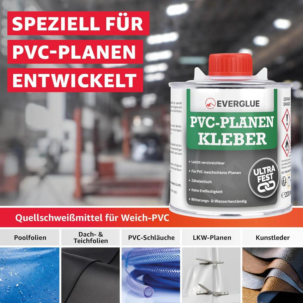 Eine Übersicht für welche Folien der Kleber speziell entwickelt wurde: unter anderem Poolfolien, Dach- & Teichfolien, PVC-Schläuche, LKW-Planen, Kunstleder.