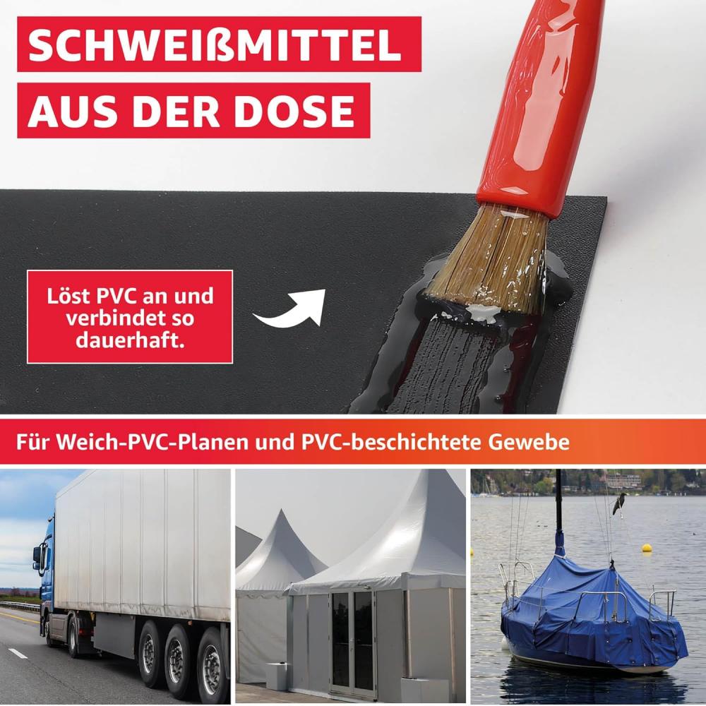 Als Schweißmittel aus der Dose zu verwenden. Löst PVC an und verbindet so dauerhaft. Mit Pinsel auftragen zum Beispiel für Zeltplanen, LKW-Planen oder Abdeckplanen jeglicher Art.