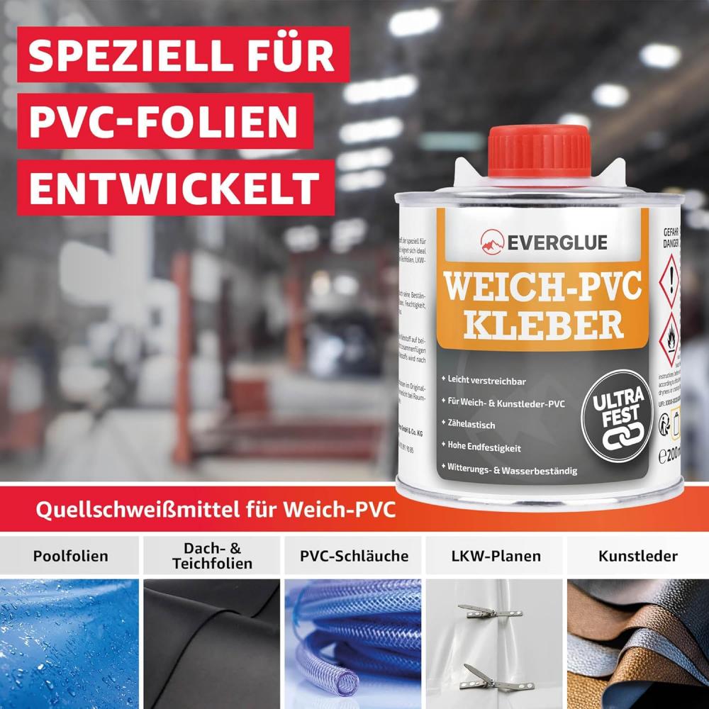 An overview of which films the adhesive was specifically developed for: including pool liners, roof & pond liners, PVC hoses, truck tarpaulins, artificial leather.