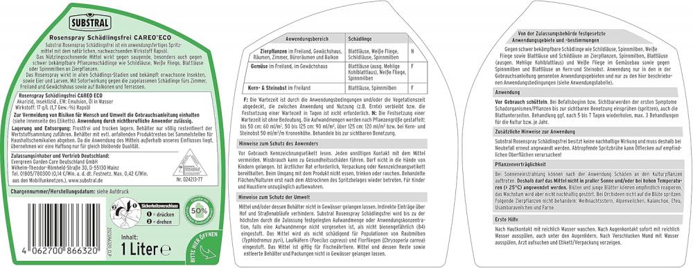 3x Substral Rosenspray Schädlingsfrei Careo ECO 1 Liter, gegen Schildläuse, Weiße Fliege, Blattläuse, Spinnmilben