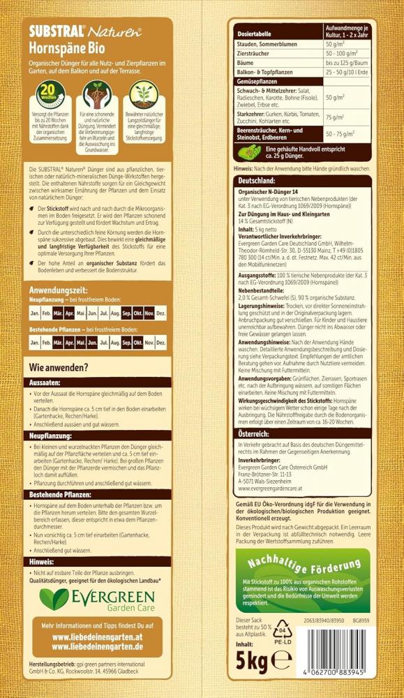 Substral Naturen Bio Hornspäne 5 kg, Organischer Dünger