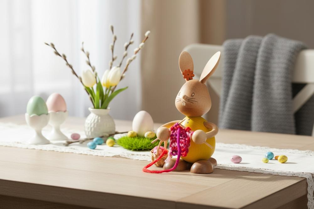 Stupsi Hase mit Strickzeug – Liebevolle Osterfigur aus dem Erzgebirge
