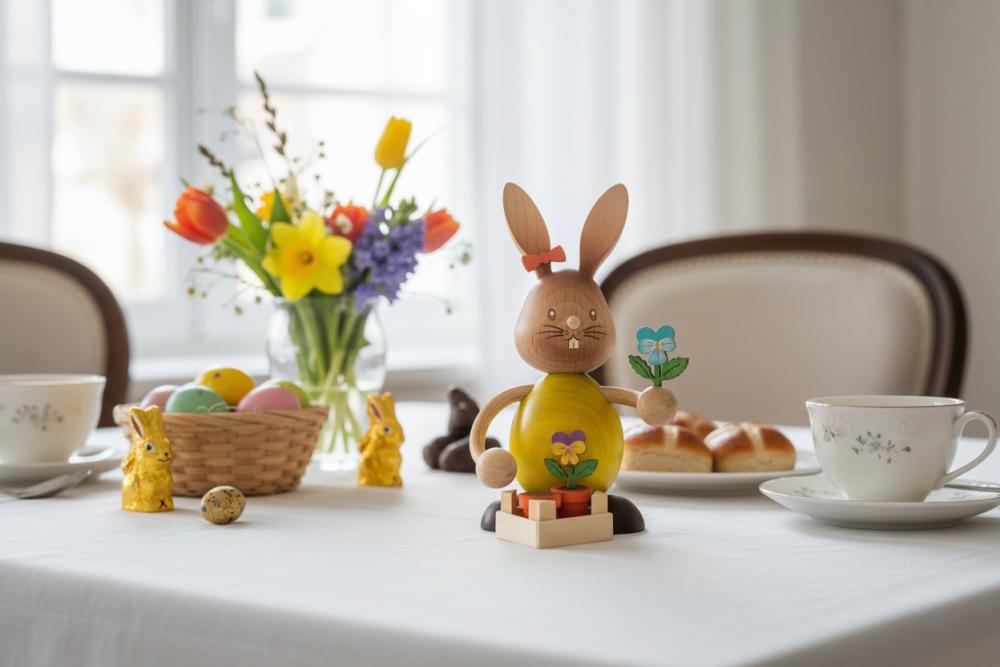 Stupsi Hase mit Stiefmütterchen – Liebevolle Osterdekoration aus dem Erzgebirge