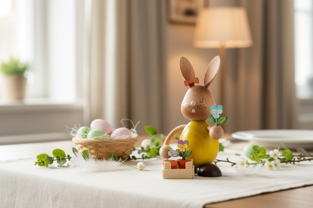 Stupsi Hase mit Stiefmütterchen – Liebevolle Osterdekoration aus dem Erzgebirge