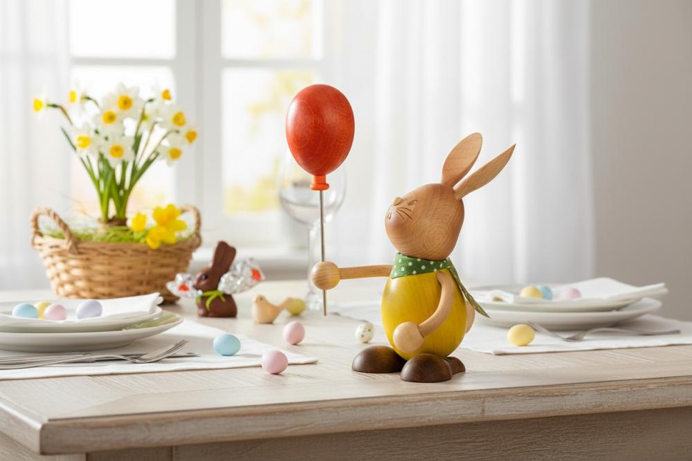 Stupsi Hase mit Luftballon – Fröhliche Osterfigur aus dem Erzgebirge