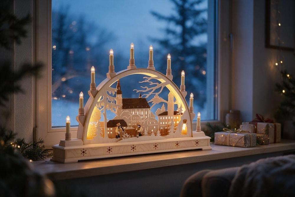 Seidel LED Schwibbogen „Erzgebirgslandschaft“ mit St. Wolfgangskirche Schneeberg – 78 cm 51-S-LED