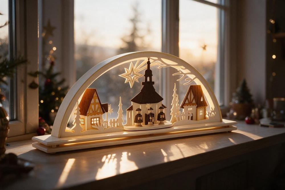 LED-Schwibbogen Seiffener Kirche und Kurrende mit Sockel – 55 cm 550-02-LED