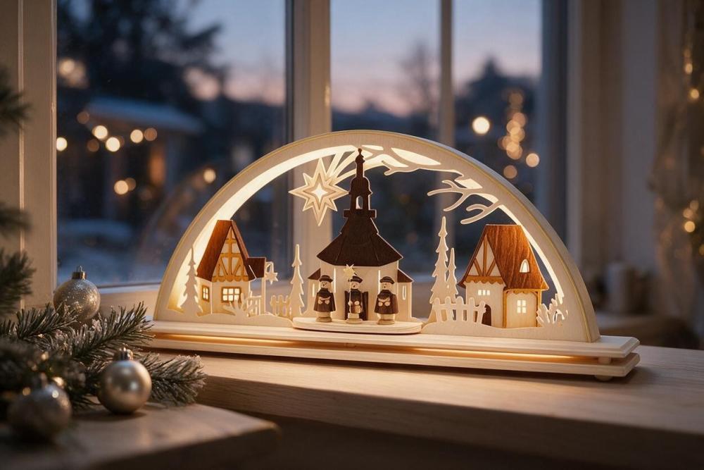 LED-Schwibbogen Seiffener Kirche und Kurrende mit Sockel – 55 cm 550-02-LED