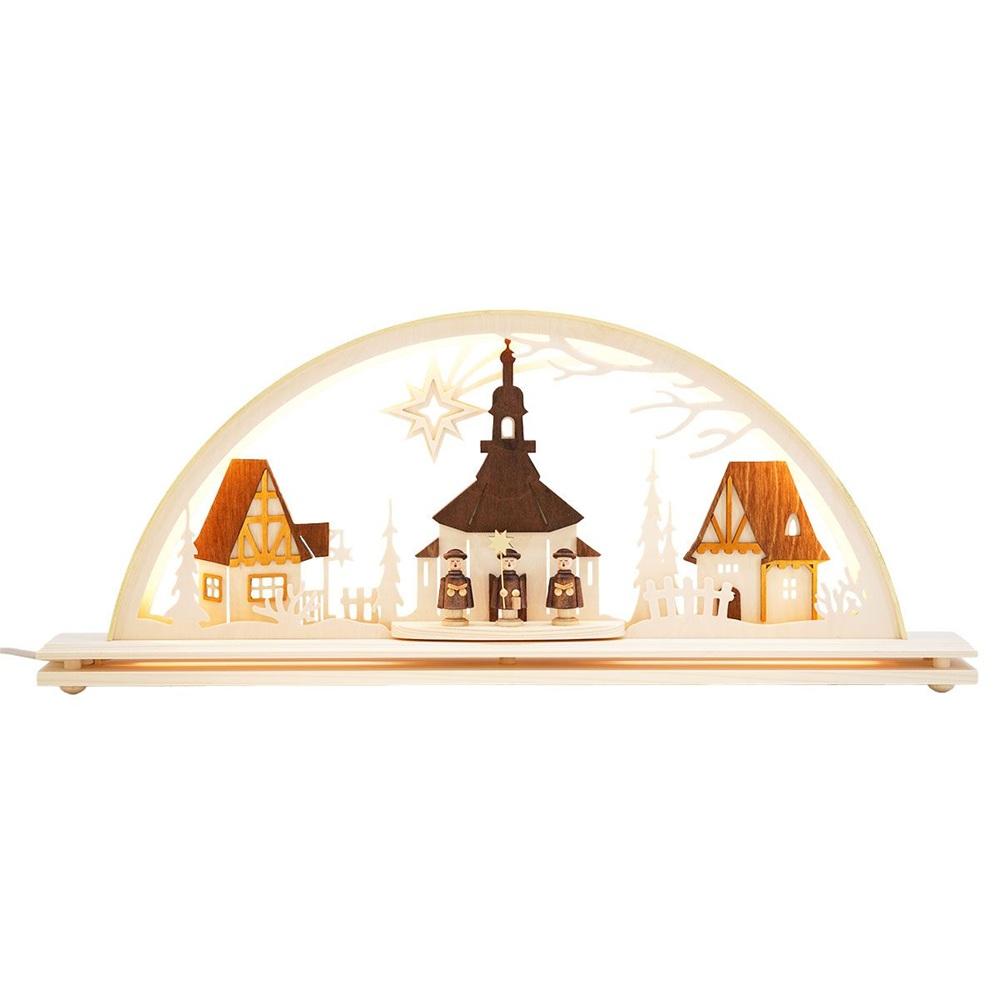 LED-Schwibbogen Seiffener Kirche und Kurrende mit Sockel – 55 cm 550-02-LED