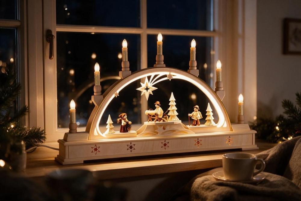 Seidel LED Schwibbogen „Bescherung“ mit beleuchtetem Sockel – 63 cm 640-15S-LED