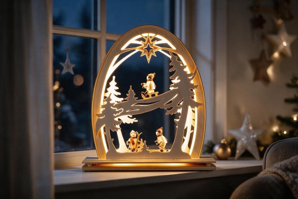 Seidelbogen „Wintersportler“ mit LED-Beleuchtung – 31 × 33 cm 812-G-LED