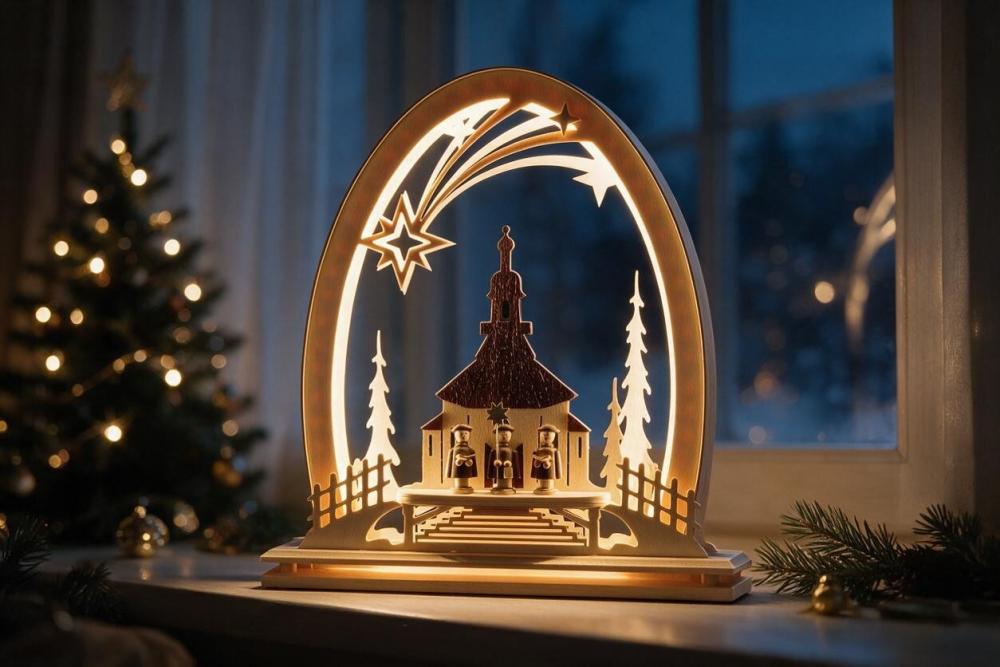 Seidelbogen „Seiffener Kirche mit Kurrende“ mit LED-Beleuchtung – 31 × 33 cm 821-G-LED
