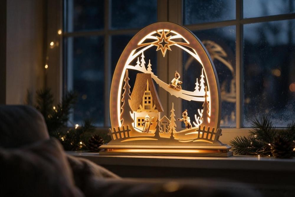 Seidelbogen „Winterkinder“ mit LED-Beleuchtung – 31 × 33 cm 8232-G-LED