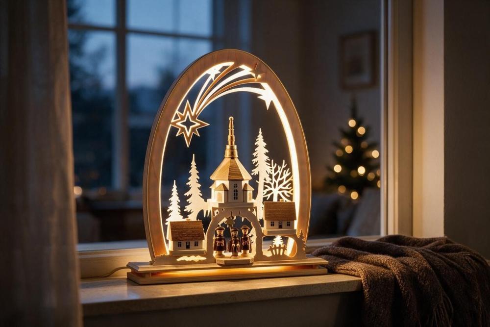 Seidelbogen „Seiffener Kirche“ mit LED-Beleuchtung – 31 × 33 cm 823-G-LED